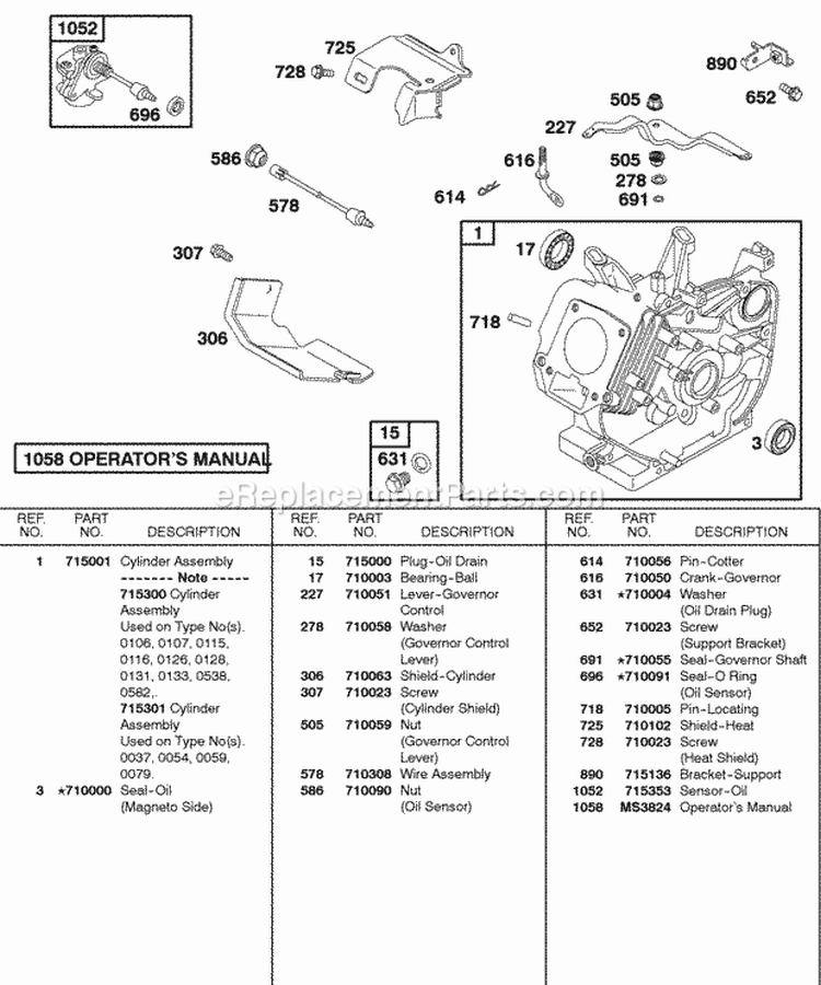 Cylinder Oil Sensor Diagram and Parts List for 115432-0029-01  Briggs and Stratton Engine